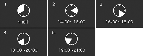 1.午前中/2.14:00～16:00/3.16:00～18:00/4.18:00～20:00/5.19:00～21:00