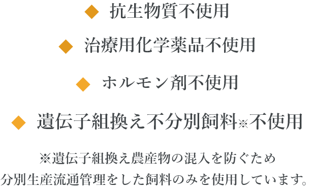 抗生物質不使用　治療用化学薬品不使用　ホルモン剤不使用　遺伝子組換え不分別飼料※不使用　※遺伝子組換え農産物の混入を防ぐため分別生産流通管理をした飼料のみを使用しています。