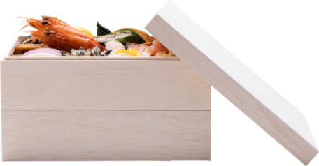 お重のサイズ　縦19.5×横19.5×高さ11.3㎝（二段重）