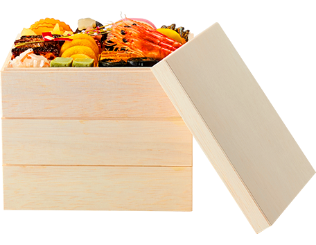 お重のサイズ　縦19.5×横19.5×16cm（三段重）